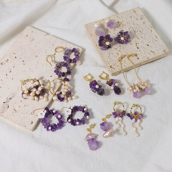 Wholesale Women's Natural Freshwater Pearl And Amethyst Geometric Earrings With Electroplating Versatile And Minimalist Style