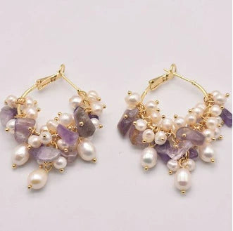 Wholesale Women's Natural Freshwater Pearl And Amethyst Geometric Earrings With Electroplating Versatile And Minimalist Style