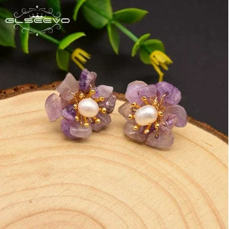 Wholesale Women's Natural Freshwater Pearl And Amethyst Geometric Earrings With Electroplating Versatile And Minimalist Style