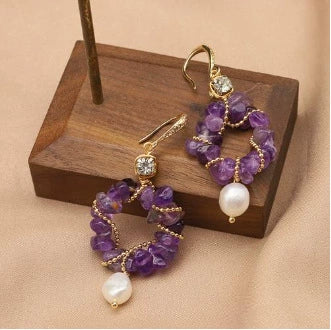 Wholesale Women's Natural Freshwater Pearl And Amethyst Geometric Earrings With Electroplating Versatile And Minimalist Style