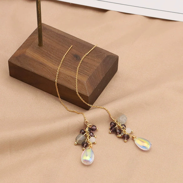 Wholesale Women's Natural Freshwater Pearl And Amethyst Geometric Earrings With Electroplating Versatile And Minimalist Style