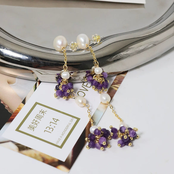 Wholesale Women's Natural Freshwater Pearl And Amethyst Geometric Earrings With Electroplating Versatile And Minimalist Style