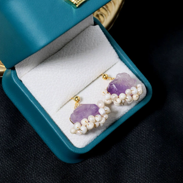 Wholesale Women's Natural Freshwater Pearl And Amethyst Geometric Earrings With Electroplating Versatile And Minimalist Style