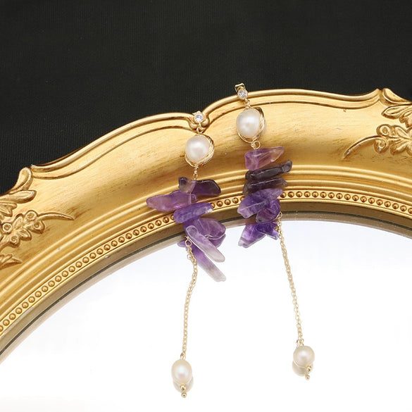 Wholesale Women's Natural Freshwater Pearl And Amethyst Geometric Earrings With Electroplating Versatile And Minimalist Style