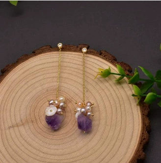 Wholesale Women's Natural Freshwater Pearl And Amethyst Geometric Earrings With Electroplating Versatile And Minimalist Style