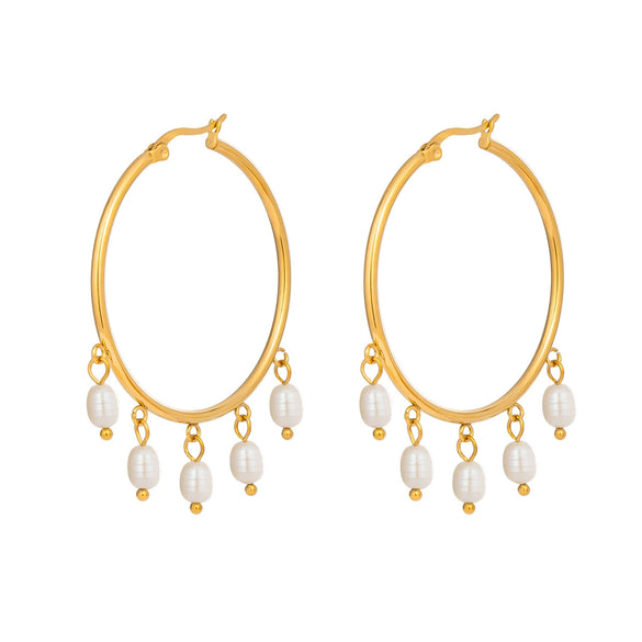 Wholesale Women's Natural Freshwater Pearl And Stainless Steel Geometric Earrings With Vacuum Real Gold Plating In Pvd Furnace