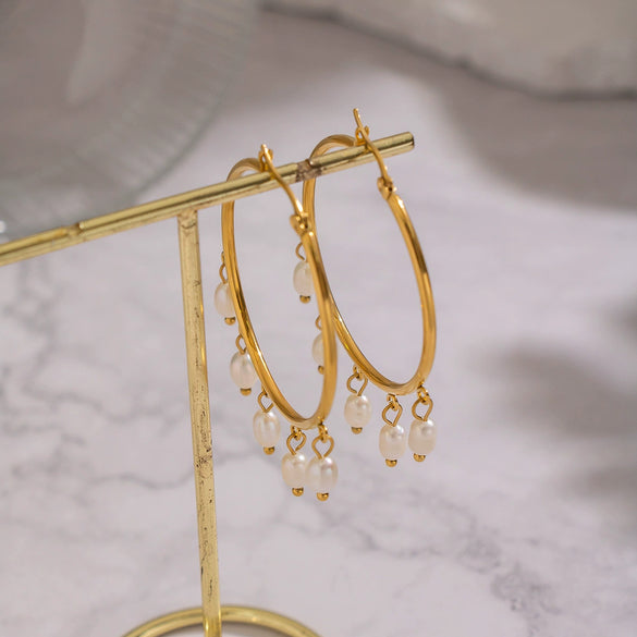 Wholesale Women's Natural Freshwater Pearl And Stainless Steel Geometric Earrings With Vacuum Real Gold Plating In Pvd Furnace