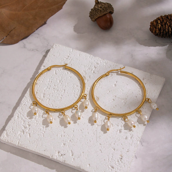Wholesale Women's Natural Freshwater Pearl And Stainless Steel Geometric Earrings With Vacuum Real Gold Plating In Pvd Furnace