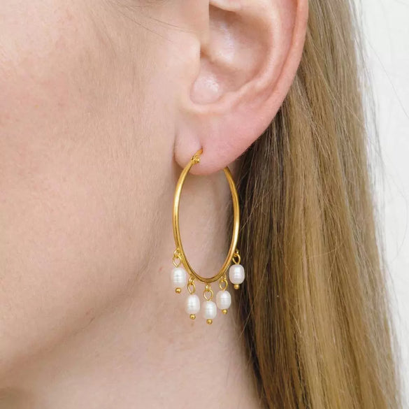 Wholesale Women's Natural Freshwater Pearl And Stainless Steel Geometric Earrings With Vacuum Real Gold Plating In Pvd Furnace