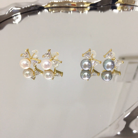 Wholesale Women's Natural Freshwater Pearl And Zircon Bow Earrings Oblate Shape