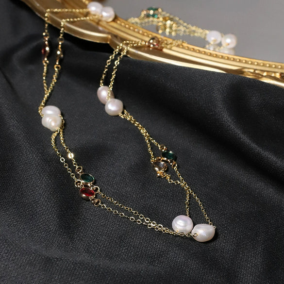 Wholesale Women's Natural Freshwater Pearl And Zircon Necklace Copper Geometric Minimalist Electroplated Jewelry