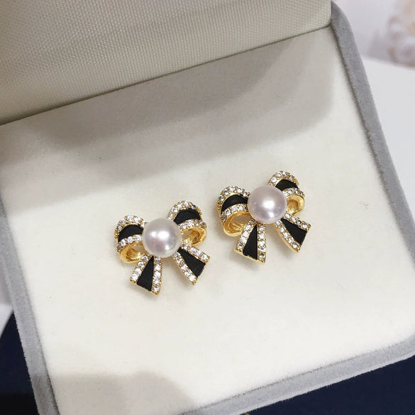 Wholesale Women's Natural Freshwater Pearl Bow Earrings With S925 Sterling Silver Needle And 18K Goldfilled
