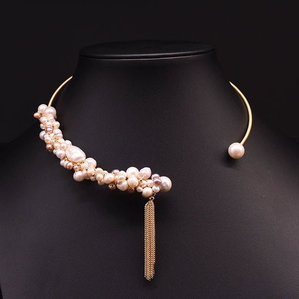 Wholesale Women's Natural Freshwater Pearl Caterpillar Geometric Minimalist Necklace Copper Titanium Steel Handmade Electroplated