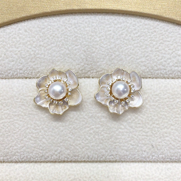 Wholesale Women's Natural Freshwater Pearl Earrings Alloy Inlaid With Artificial And Semiprecious Stones Baking Paint Oblate Shape