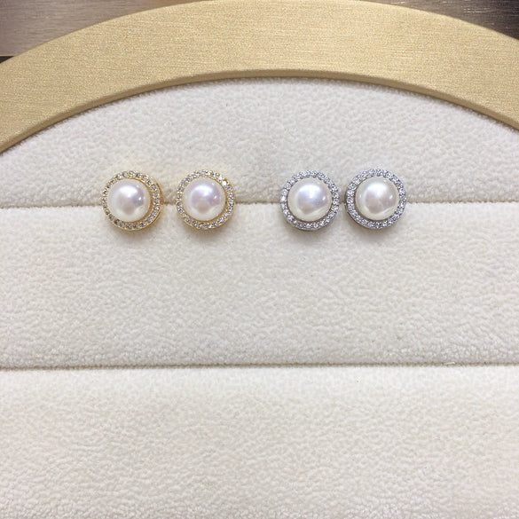 Wholesale Women's Natural Freshwater Pearl Earrings Alloy Inlaid With Artificial Gemstones And Semiprecious Stones Round Shape