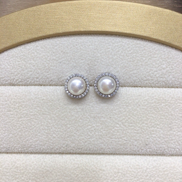 Wholesale Women's Natural Freshwater Pearl Earrings Alloy Inlaid With Artificial Gemstones And Semiprecious Stones Round Shape