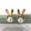 Wholesale Women's Natural Freshwater Pearl Earrings In Oblate Shape With Pink Rabbit Design S925 Sterling Silver And 18K Goldfilled