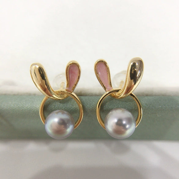 Wholesale Women's Natural Freshwater Pearl Earrings In Oblate Shape With Pink Rabbit Design S925 Sterling Silver And 18K Goldfilled