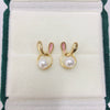 Wholesale Women's Natural Freshwater Pearl Earrings In Oblate Shape With Pink Rabbit Design S925 Sterling Silver And 18K Goldfilled