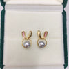 Wholesale Women's Natural Freshwater Pearl Earrings In Oblate Shape With Pink Rabbit Design S925 Sterling Silver And 18K Goldfilled