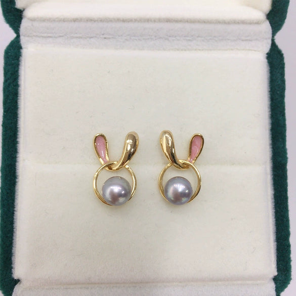 Wholesale Women's Natural Freshwater Pearl Earrings In Oblate Shape With Pink Rabbit Design S925 Sterling Silver And 18K Goldfilled