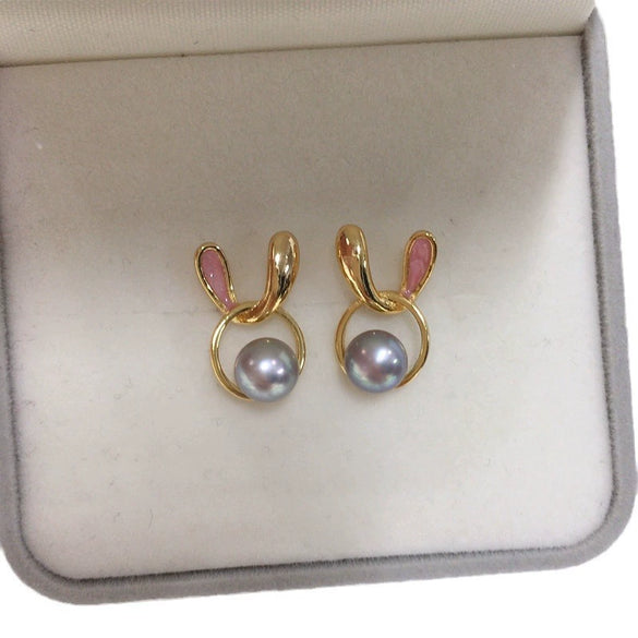 Wholesale Women's Natural Freshwater Pearl Earrings In Oblate Shape With Pink Rabbit Design S925 Sterling Silver And 18K Goldfilled