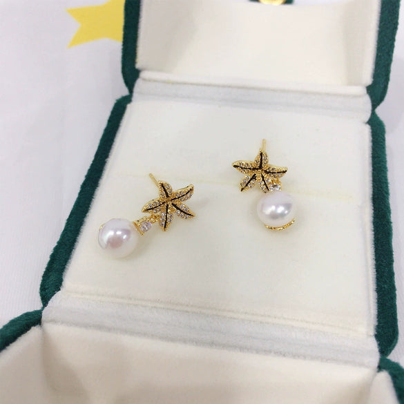 Wholesale Women's Natural Freshwater Pearl Earrings S925 Sterling Silver Needle 18K Goldfilled Smart Micropaved Zircon Starfish Shape