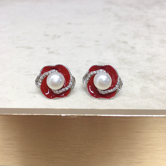 Wholesale Women's Natural Freshwater Pearl Earrings With Alloy Inlaid Artificial And Semiprecious Stones In Oblate Shape