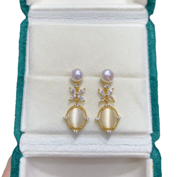 Wholesale Women's Natural Freshwater Pearl Earrings With Alloy Inlaid Artificial Gemstone And Semiprecious Stone In Oblate Shape Retro Style