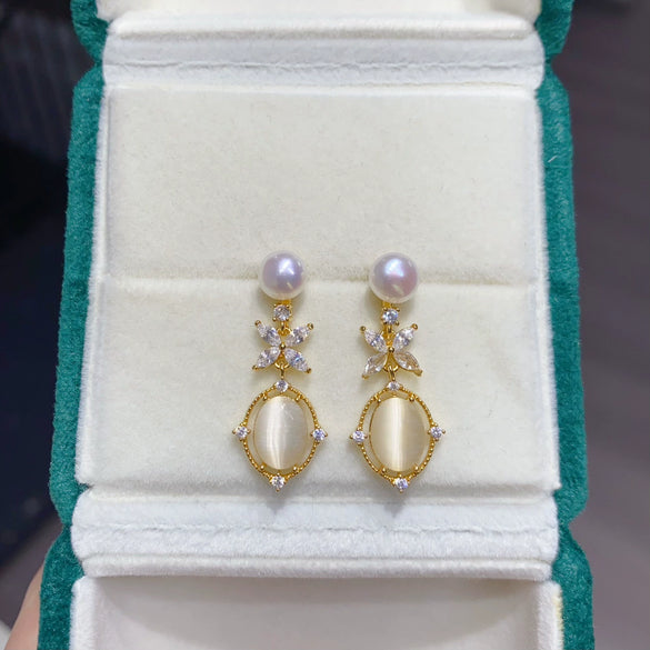 Wholesale Women's Natural Freshwater Pearl Earrings With Alloy Inlaid Artificial Gemstone And Semiprecious Stone In Oblate Shape Retro Style