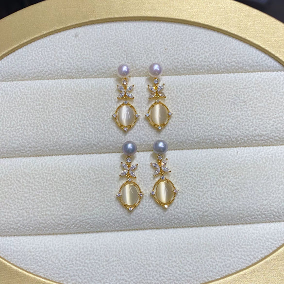 Wholesale Women's Natural Freshwater Pearl Earrings With Alloy Inlaid Artificial Gemstone And Semiprecious Stone In Oblate Shape Retro Style