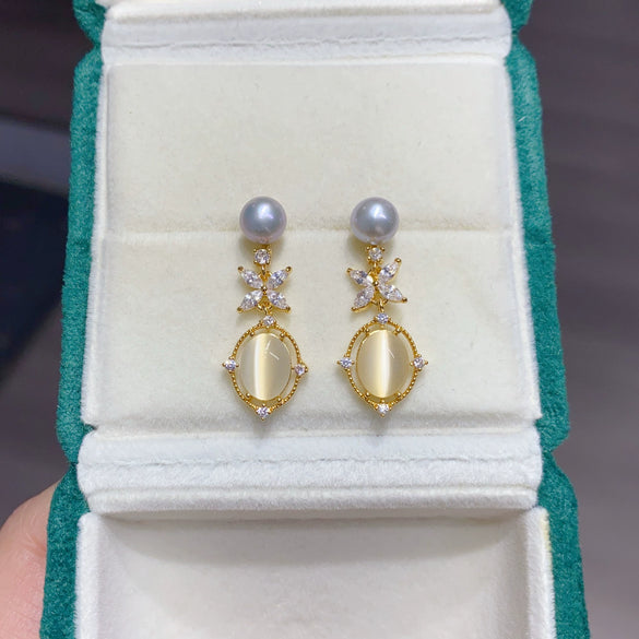Wholesale Women's Natural Freshwater Pearl Earrings With Alloy Inlaid Artificial Gemstone And Semiprecious Stone In Oblate Shape Retro Style