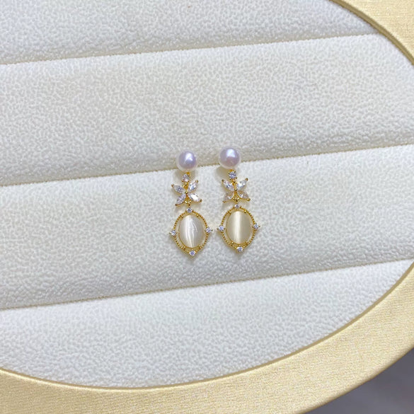 Wholesale Women's Natural Freshwater Pearl Earrings With Alloy Inlaid Artificial Gemstone And Semiprecious Stone In Oblate Shape Retro Style