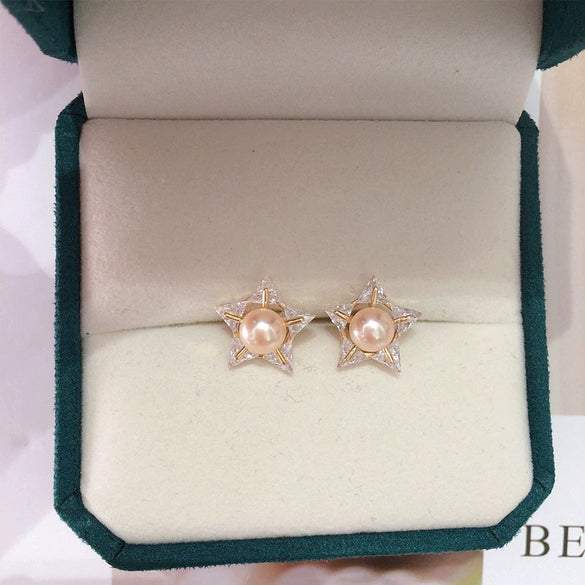 Wholesale Women's Natural Freshwater Pearl Earrings With Alloy Inlaid Gemstones And Fivepointed Star Design