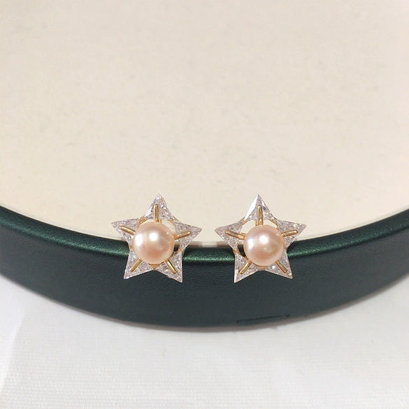 Wholesale Women's Natural Freshwater Pearl Earrings With Alloy Inlaid Gemstones And Fivepointed Star Design