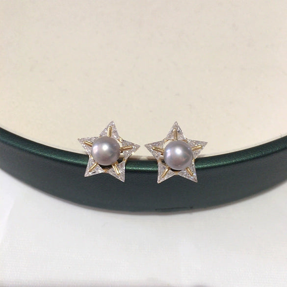Wholesale Women's Natural Freshwater Pearl Earrings With Alloy Inlaid Gemstones And Fivepointed Star Design