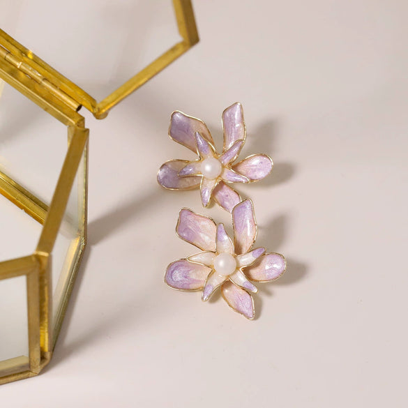 Wholesale Women's Natural Freshwater Pearl Earrings With Artistic Enamel Painted Flower And Geometric Pattern S925 Silver Needle