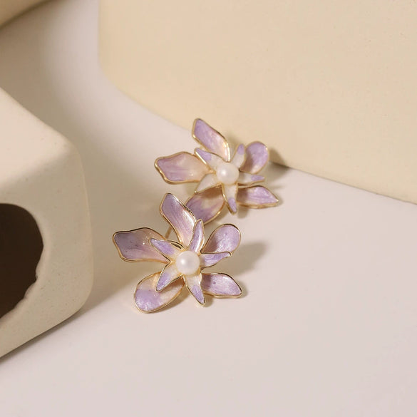 Wholesale Women's Natural Freshwater Pearl Earrings With Artistic Enamel Painted Flower And Geometric Pattern S925 Silver Needle
