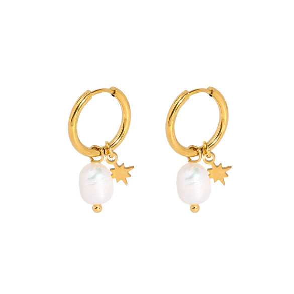 Wholesale Women's Natural Freshwater Pearl Earrings With Star Pendant In Stainless Steel And Pvdp Furnace Real Gold Treatment