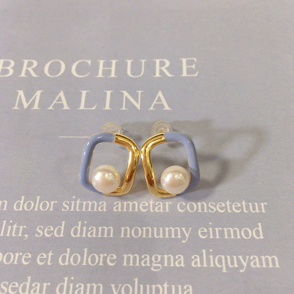 Wholesale Women's Natural Freshwater Pearl Geometric Square Oil Drop Earrings 18K Goldfilled Light Luxury Highend Style