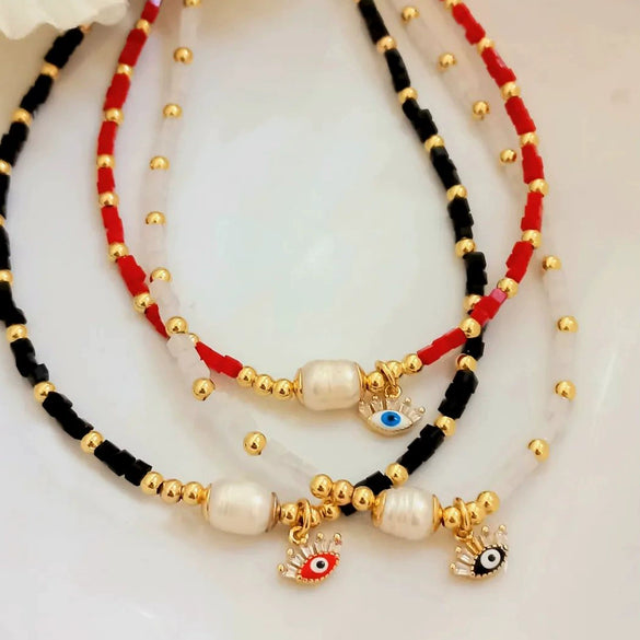 Wholesale Women's Natural Freshwater Pearl Handwoven Geometric Small Square Crystal Evil Eye Pendant Clavicle Chain Necklace