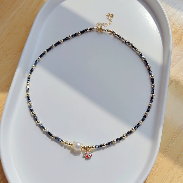 Wholesale Women's Natural Freshwater Pearl Handwoven Geometric Small Square Crystal Evil Eye Pendant Clavicle Chain Necklace