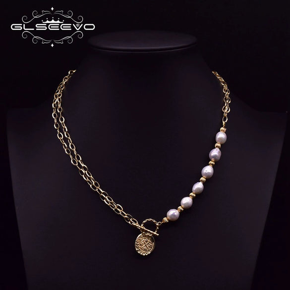 Wholesale Women's Natural Freshwater Pearl Necklace With Baroque Pearl Pendant And Snake Bone Chain Retro Geometric Style Heart Pattern Electroplated
