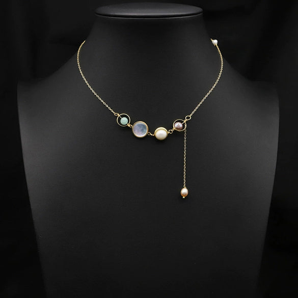 Wholesale Women's Natural Freshwater Pearl Necklace With Crystal Asymmetrical Pendant Geometric Retro Electroplated Jewelry
