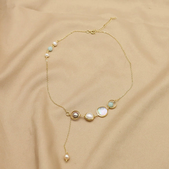 Wholesale Women's Natural Freshwater Pearl Necklace With Crystal Asymmetrical Pendant Geometric Retro Electroplated Jewelry