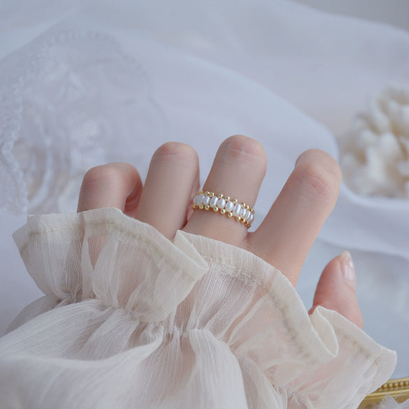 Wholesale Women's Natural Freshwater Pearl Retro Style Geometric Open Ring 14K Goldplated Pure Handmade