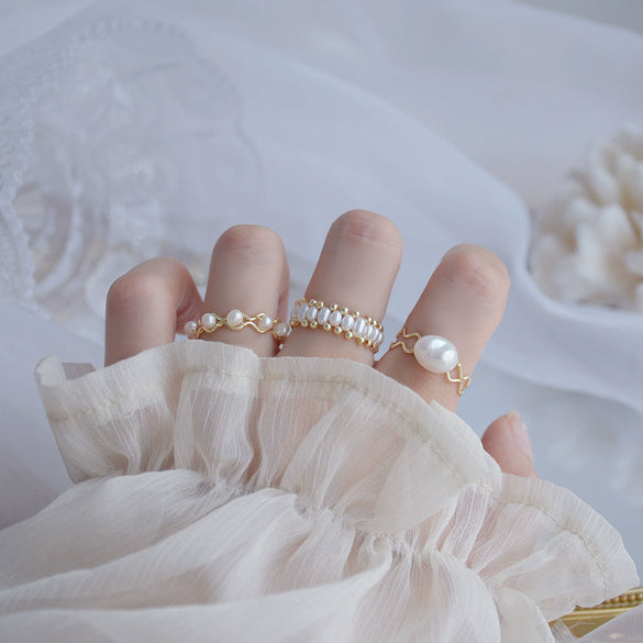 Wholesale Women's Natural Freshwater Pearl Retro Style Geometric Open Ring 14K Goldplated Pure Handmade