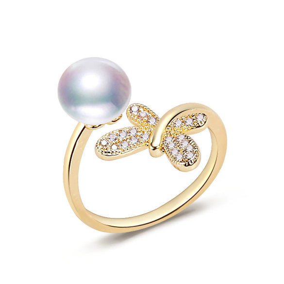 Wholesale Women's Natural Freshwater Pearl Ring Copper With 18K Gold Micro Inlay Aaa Zircon Dragonfly Design