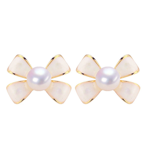 Wholesale Women's Natural Freshwater Pearl Sweet Bow Hypoallergenic 18K Goldfilled Earrings