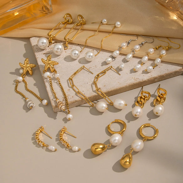 Wholesale Women's Natural Freshwater Pearl Tassel Earrings With Geometric Pattern Pvd Furnace Vacuum Real Gold Plated Stainless Steel Ear Needles Highend Minimalist Accessories